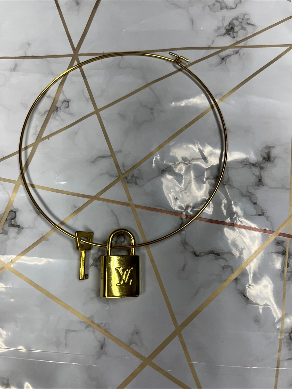 Gold Padlock Charm Choker Necklace with Key -